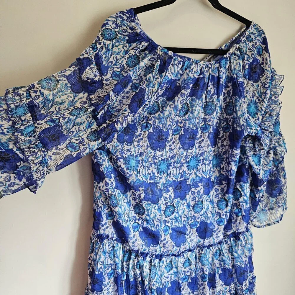 NWT Dabbie Katz Women's Blue V-Neck Carlotta Chiffon Cover Up Dress Size Large